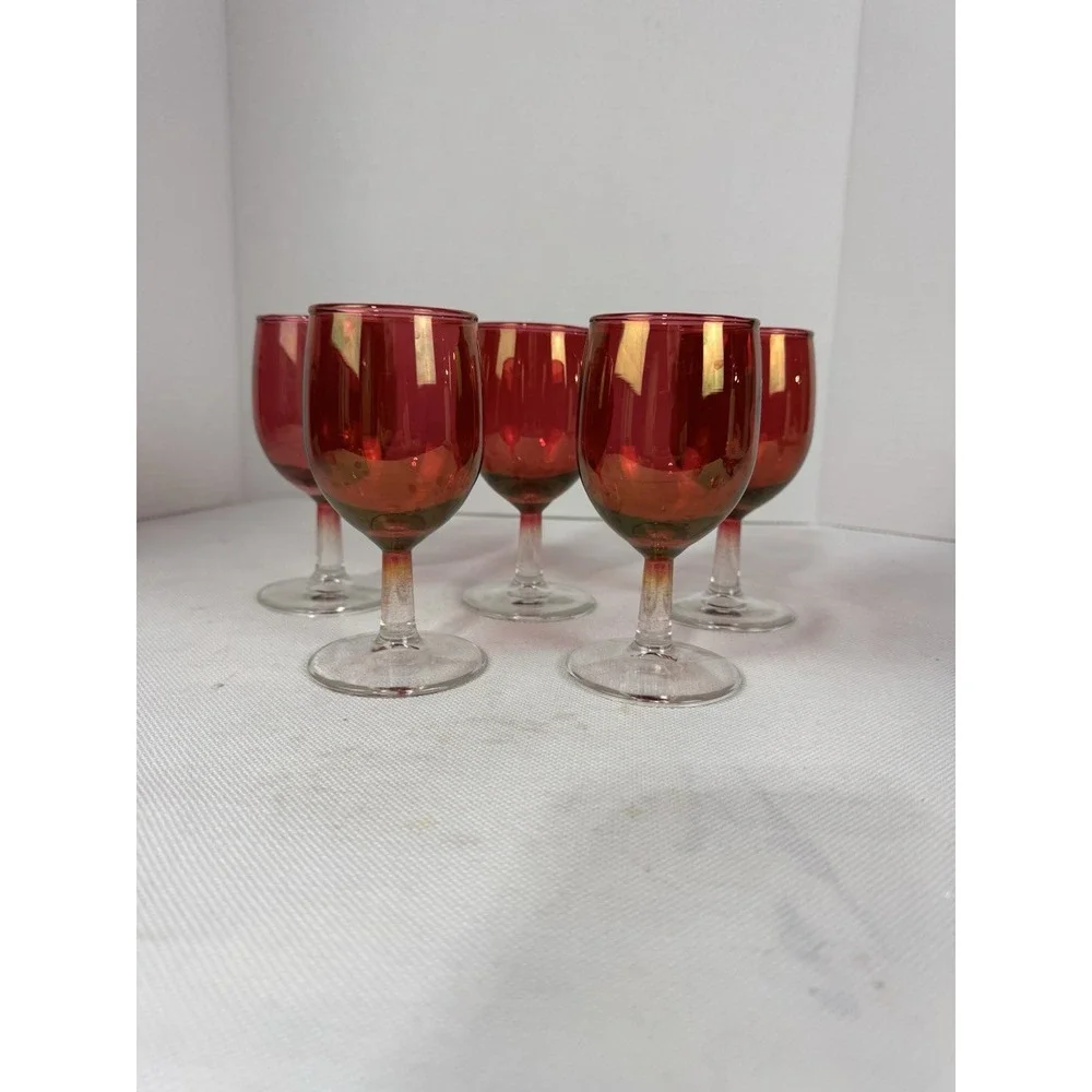 Vintage cranberry stain tulip‎ wine glasses 6 oz set of 5